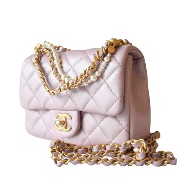 Pre-owned Chanel Shiny Lambskin Quilted Pearl Twist Square Flap Bag Gold Hardware Light Pink