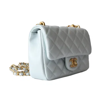Pre-owned Chanel Shiny Lambskin Quilted Pearl Twist Square Flap Bag Gold Hardware Light Blue