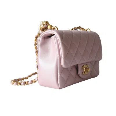 Pre-owned Chanel Shiny Lambskin Quilted Pearl Twist Square Flap Bag Gold Hardware Light Pink