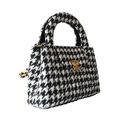 Pre-owned Chanel Tweed Houndstooth Quilted Nano Kelly Handbag Gold Hardware Black White