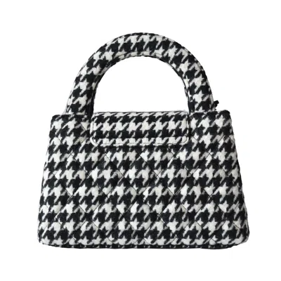 Pre-owned Chanel Tweed Houndstooth Quilted Nano Kelly Handbag Gold Hardware Black White
