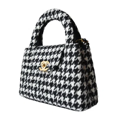 Pre-owned Chanel Tweed Houndstooth Quilted Nano Kelly Handbag Gold Hardware Black White
