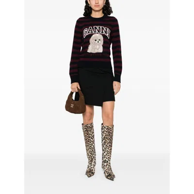 Ganni Graphic Wool Mix Poodle Stripe Crewneck Knitwear Multicolor In Multi