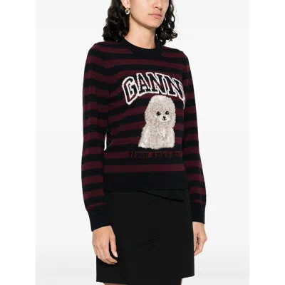 Ganni Graphic Wool Mix Poodle Stripe Crewneck Knitwear Multicolor In Multi