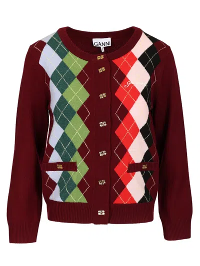 Ganni Womens Tawny Port Rhombus-print Round-neck Wool And Cashmere Cardigan Xl