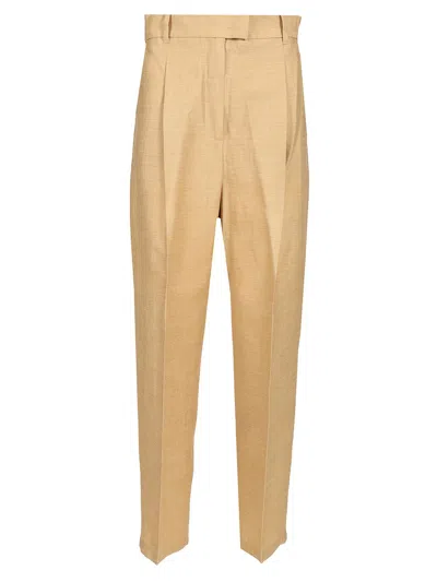 Shop Max Mara Straight In Linen And Silk Trousers Beige
