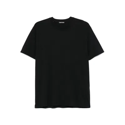Tom Ford Blue Crew Neck T-shirt With Embroidered Logo In Cotton Blend Man In Black