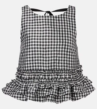 Ganni Crinkled Taffeta Check Open Back Frill Top