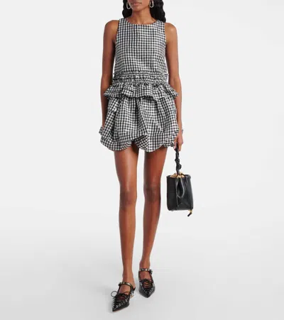 Ganni Crinkled Taffeta Check Open Back Frill Top