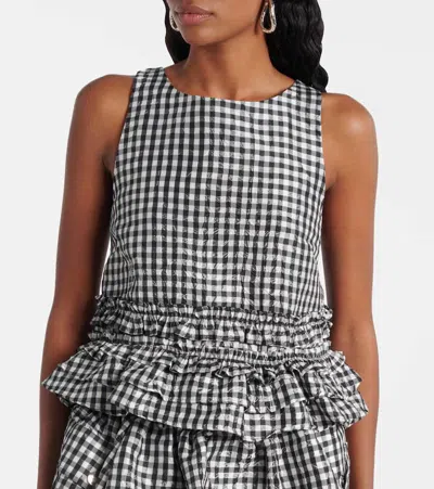 Ganni Crinkled Taffeta Check Open Back Frill Top