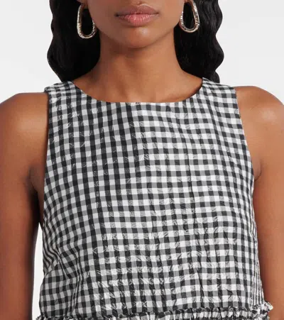 Ganni Crinkled Taffeta Check Open Back Frill Top