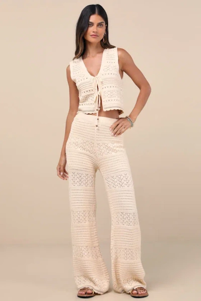 Lulus Desta Beige Crochet Knit Wide-leg Pants In Multi