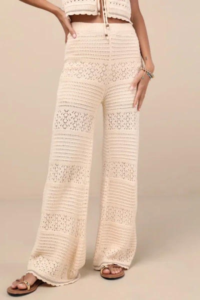 Lulus Desta Beige Crochet Knit Wide-leg Pants In Multi