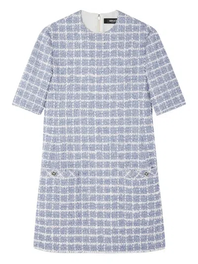 Versace Short-sleeve Windowpane Tweed Boucle Mini Dress In Blue