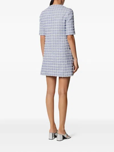 Versace Short-sleeve Windowpane Tweed Boucle Mini Dress In Blue