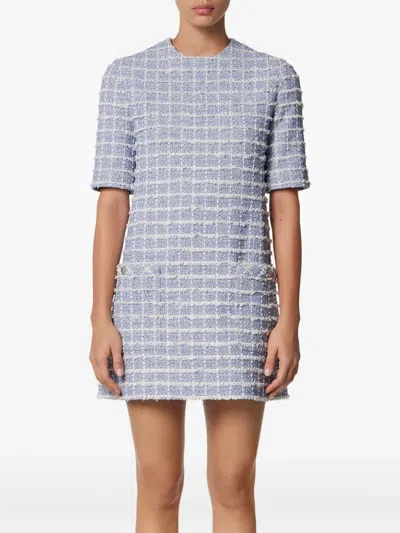 Versace Short-sleeve Windowpane Tweed Boucle Mini Dress In Blue