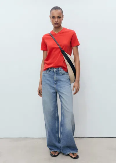 Mango T-shirt Coton Col En V Rouge - Femme - M -