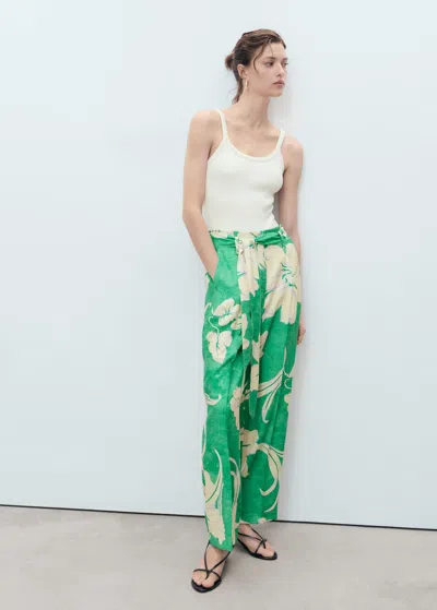 Mango Floral Belted Pants In Green