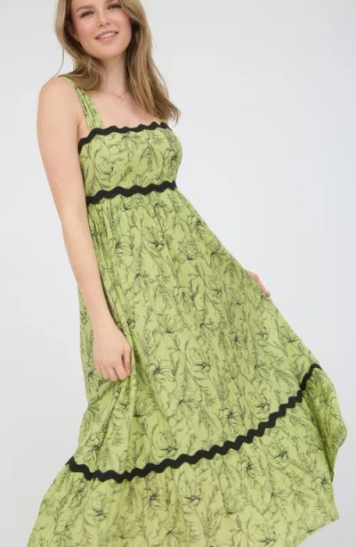 August Sky Floral Rickrack Trim Midi Sundress