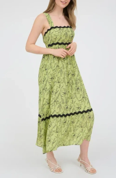August Sky Floral Rickrack Trim Midi Sundress