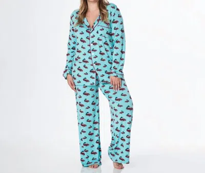 Kickee Print Long Sleeve Collared Pajama Set In Iceberg Trucks And Trees