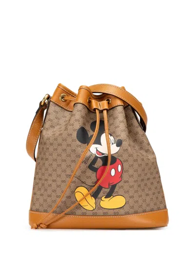 Pre-owned Gucci 2016-2024 Micro Gg Supreme Mickey Mouse Bucket Bag In Brown