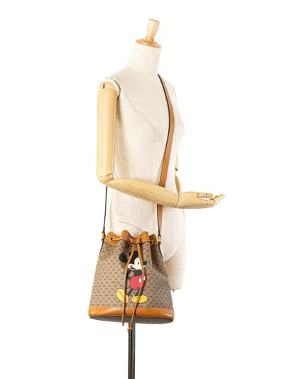 Pre-owned Gucci 2016-2024 Micro Gg Supreme Mickey Mouse Bucket Bag In Brown