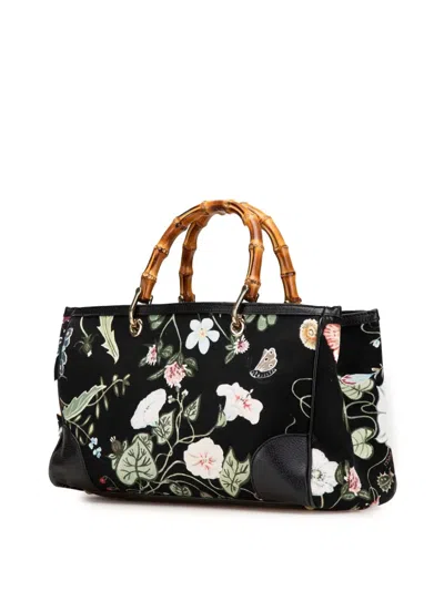 Pre-owned Gucci 2000-2015 Medium Canvas Bamboo Shopper Flora Knight Satchel In Black