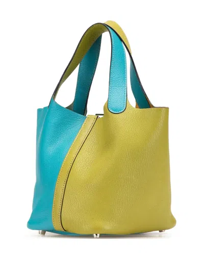 Pre-owned Hermes 2006 Bicolor Clemence Picotin 18 Handbag In Green