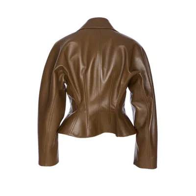 Bottega Veneta Womens Dark Moss Cinched-waist Flared-hem Leather Jacket In Brown
