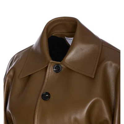 Bottega Veneta Womens Dark Moss Cinched-waist Flared-hem Leather Jacket In Brown