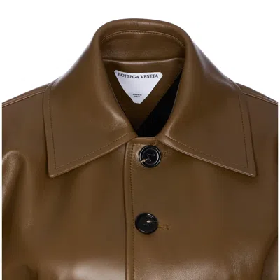 Bottega Veneta Womens Dark Moss Cinched-waist Flared-hem Leather Jacket In Brown