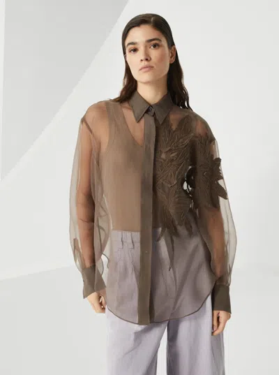 Brunello Cucinelli Brown Shirt With Semi-transparent Design And Embroidery On The Front In Silk Woma