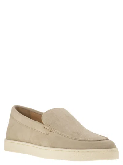 Brunello Cucinelli Chevron-effect Suede Moccasins In Gold