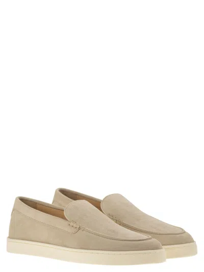 Brunello Cucinelli Chevron-effect Suede Moccasins In Gold