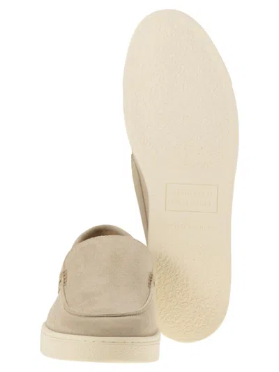 Brunello Cucinelli Chevron-effect Suede Moccasins In Gold