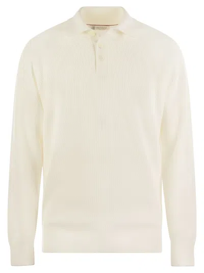 Brunello Cucinelli Cotton Rib Knit Polo Shirt With Long Raglan Sleeve