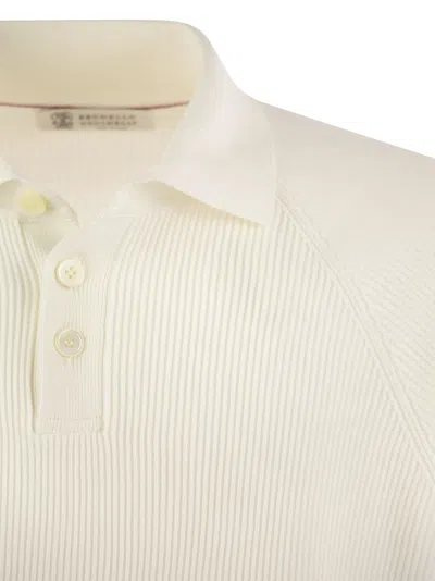 Brunello Cucinelli Cotton Rib Knit Polo Shirt With Long Raglan Sleeve