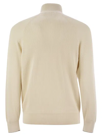 Brunello Cucinelli Men's Cotton Rib Sweater With Zip Opening And Raglan Sleeve