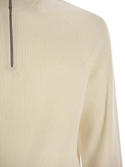 Brunello Cucinelli Men's Cotton Rib Sweater With Zip Opening And Raglan Sleeve