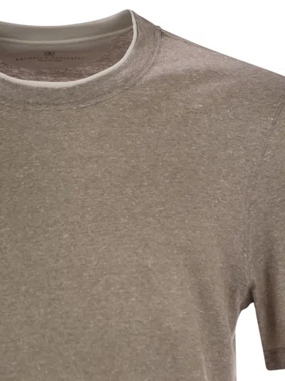 Brunello Cucinelli Crew-neck T-shirt In Linen And Cotton Jersey With Faux Layering