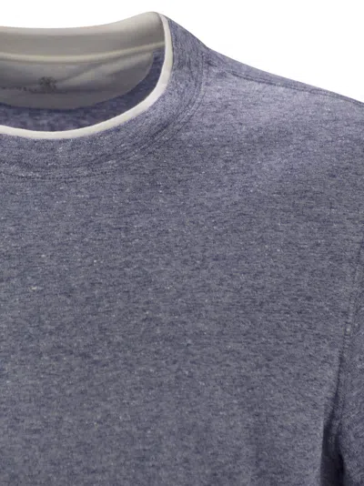 Brunello Cucinelli Crew-neck T-shirt In Linen And Cotton Jersey With Faux Layering In Gray