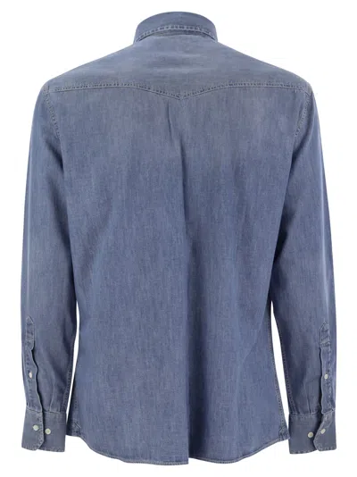 Brunello Cucinelli Men Easy Fit Shirt In Light Cotton Denim In Blue