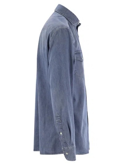 Brunello Cucinelli Men Easy Fit Shirt In Light Cotton Denim In Blue