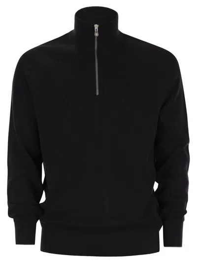 Brunello Cucinelli English Rib Cotton Sweater With Zip Opening And Raglan Sleeves