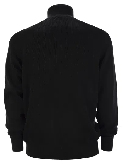 Brunello Cucinelli English Rib Cotton Sweater With Zip Opening And Raglan Sleeves