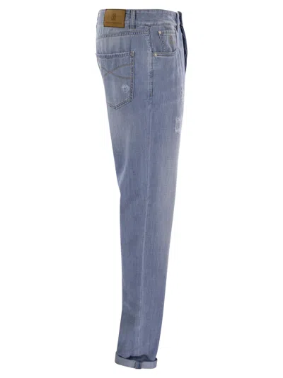 Brunello Cucinelli Five-pocket Leisure Fit Trousers In Lightweight Old Denim With Rips