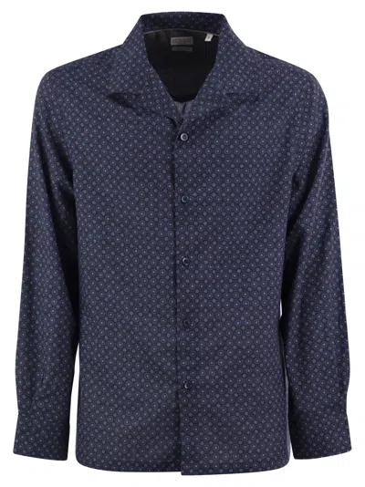 Brunello Cucinelli Men Geometric Print Easy Fit Twill Shirt With Camp Collar In Blue