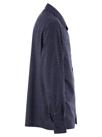 Brunello Cucinelli Men Geometric Print Easy Fit Twill Shirt With Camp Collar In Blue