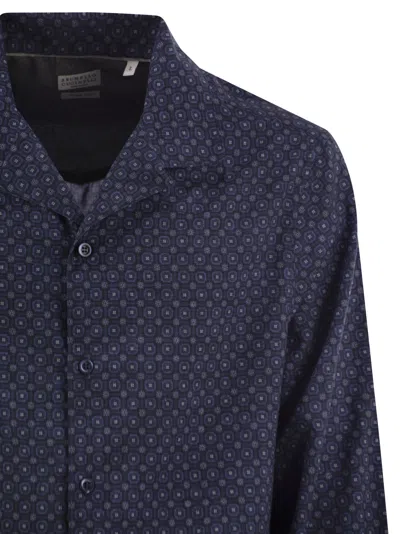 Brunello Cucinelli Men Geometric Print Easy Fit Twill Shirt With Camp Collar In Blue
